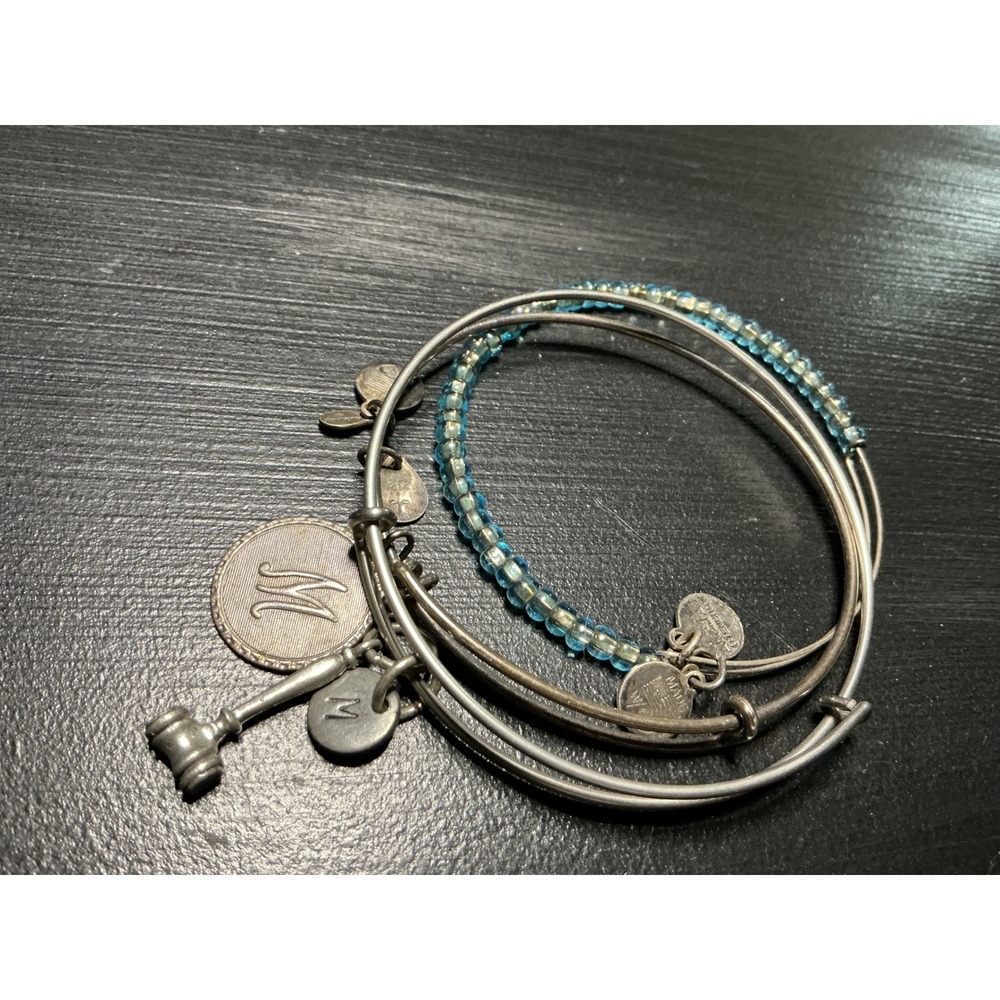 Alex and Ani Initial M Gavel Blue Beaded Bangle Bracelet Set Rafaelian Silver
